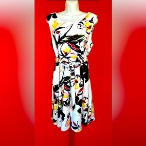 💐SIGNATURE COLLECTION💐 FLORAL STRETCH SLEEVELESS POCKETS SASH SWING DRESS NWOT♥️